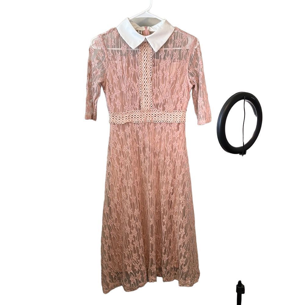 Xingchenkaiyi pink blush lace collared midi dress small
